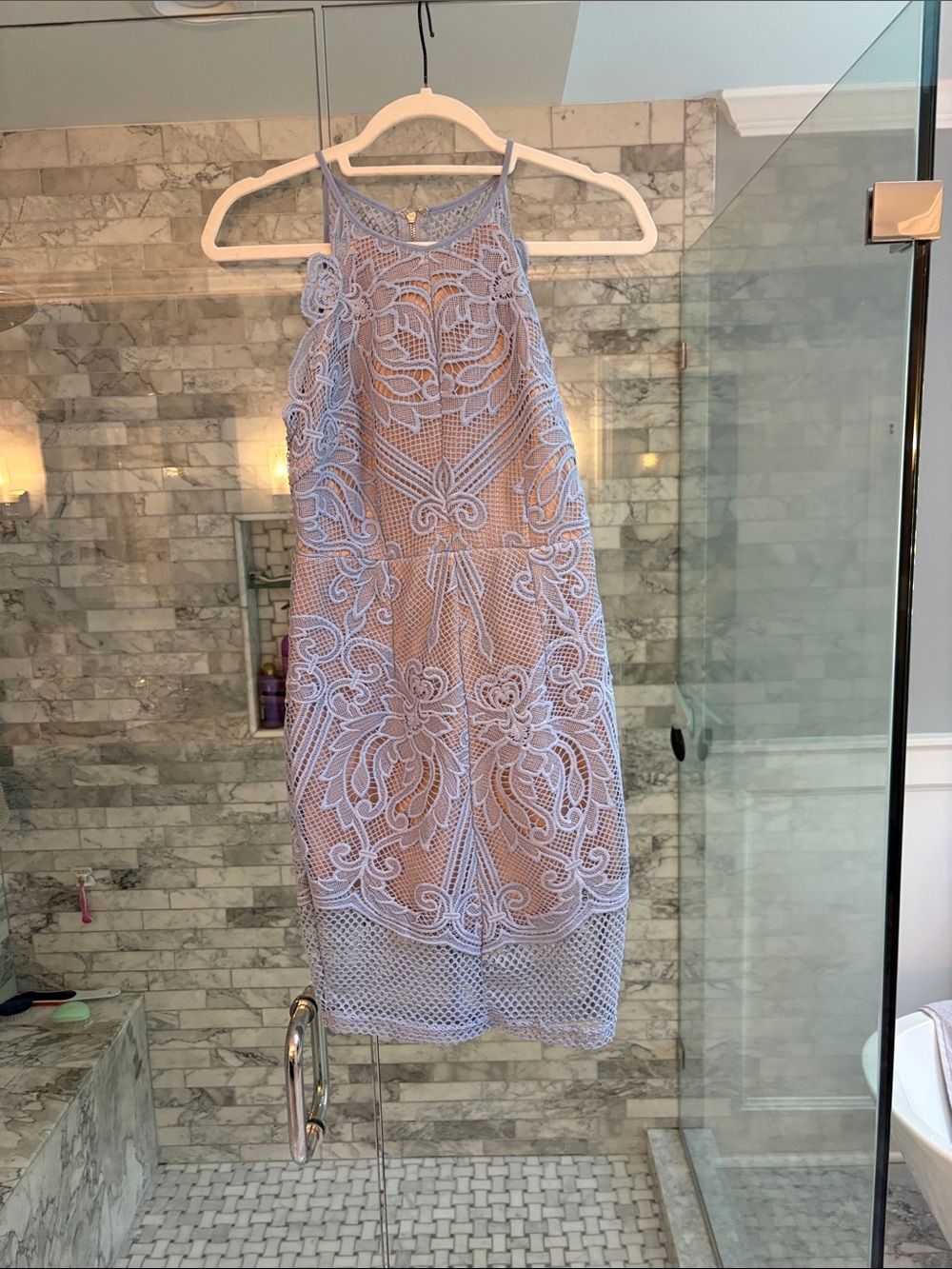 L'ATISTE Light Blue Lace Halter Mini Dress